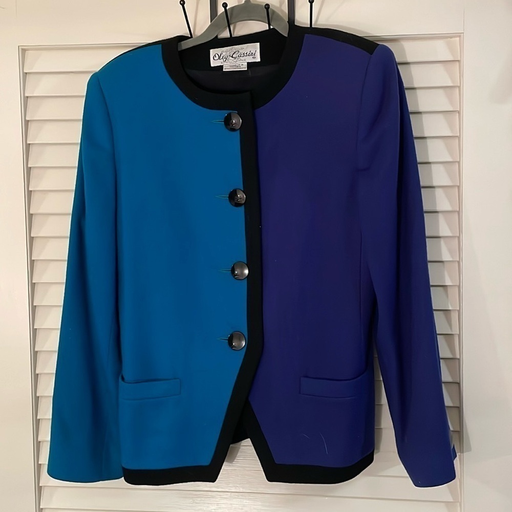 Oleg Cassini Turquoise Blue Button Down Black Bordered Vintage Jacket